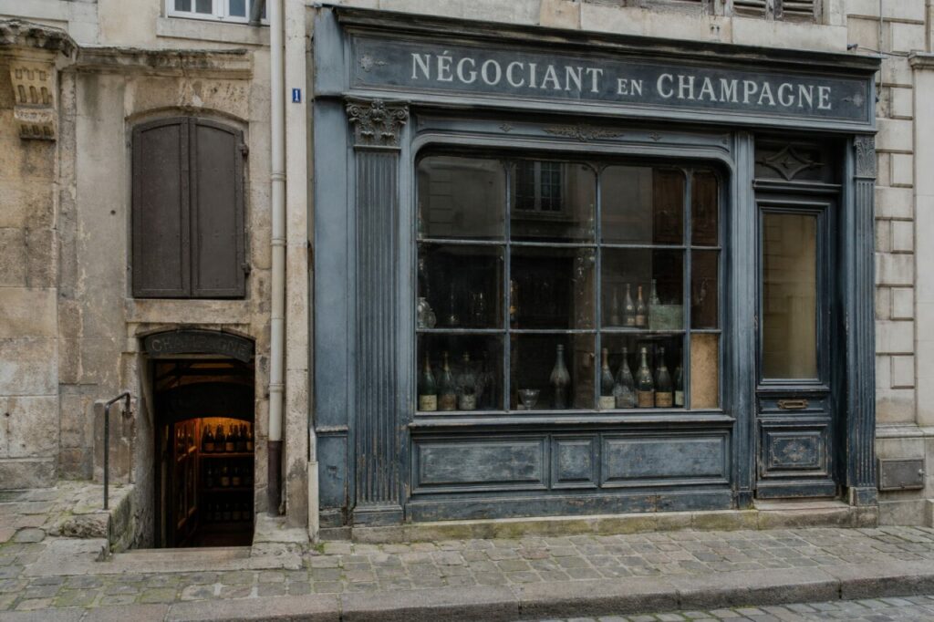 Négociant en champagne à Reims, ancienne devanture bleue et bouteilles dans une cave