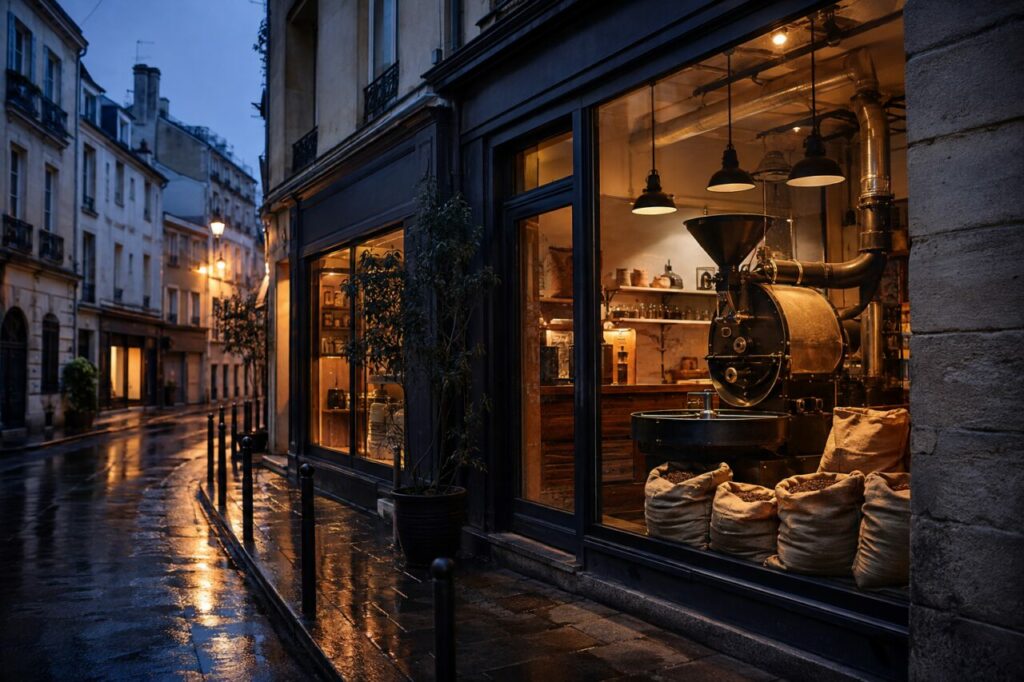 Brûlerie de quartier à l’heure bleue avec sacs et grains derrière la vitrine — torréfaction