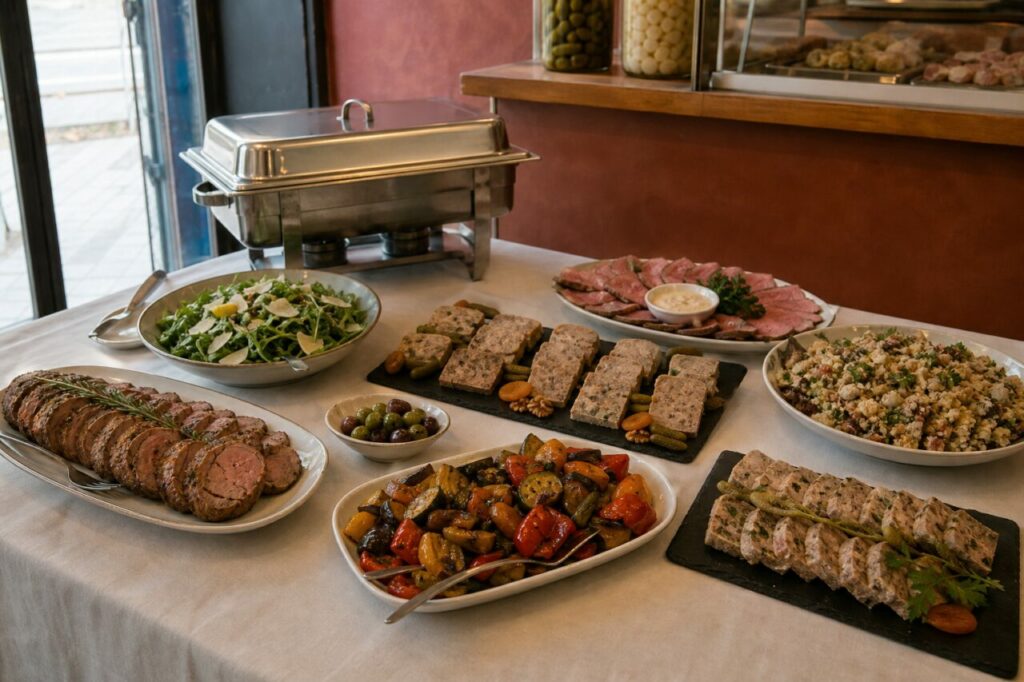 Buffet traiteur garni de viandes, terrines et salades