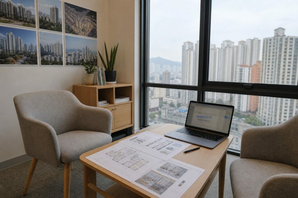 Immobilienberatungsbüro in Seoul mit Blick auf die Stadttürme