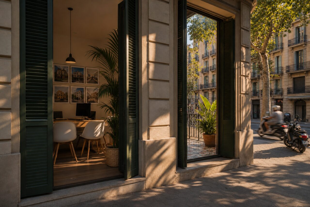 Immobilienbüro in Barcelona mit Dekorfliesen und Motorrollern auf der Straße