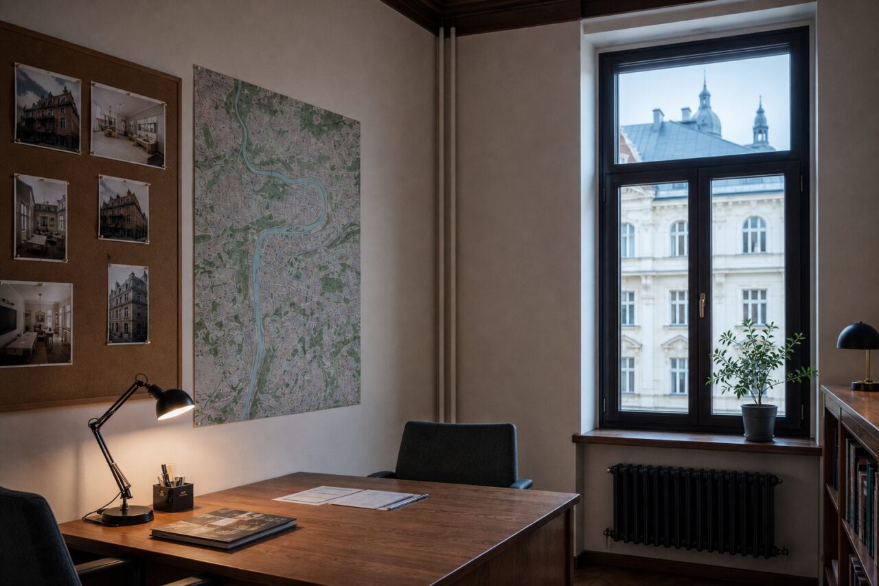 Makelaarskantoor met wandkaart en mappen