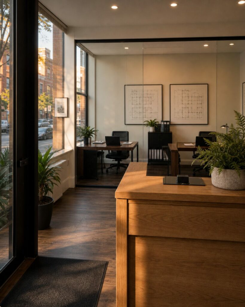 Bureau immobilier à Chicago baigné de lumière avec plans encadrés