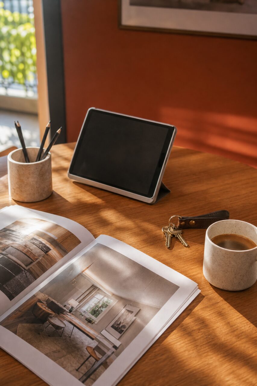 Vastgoedbureau in Madrid met tablet, sleutels en geopende catalogus