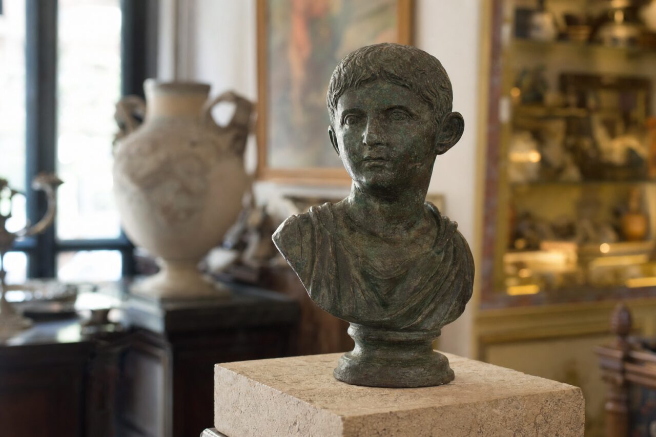 Buste drapé en métal vert sur socle de pierre devant une grande amphore