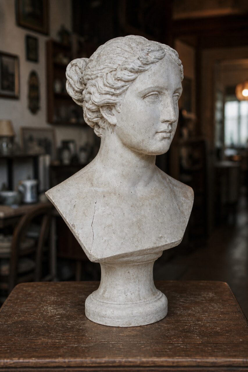 Vertical portrait of a classical light plaster bust with a rounded pedestal