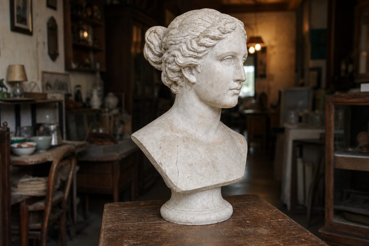 Light plaster bust shaped by side light in an old vintage shop