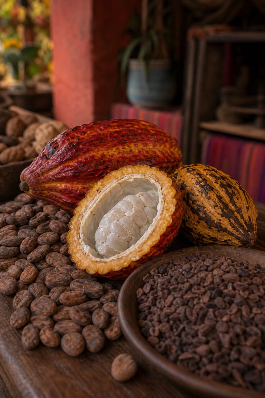 Mazorcas abiertas y granos de cacao en primer plano