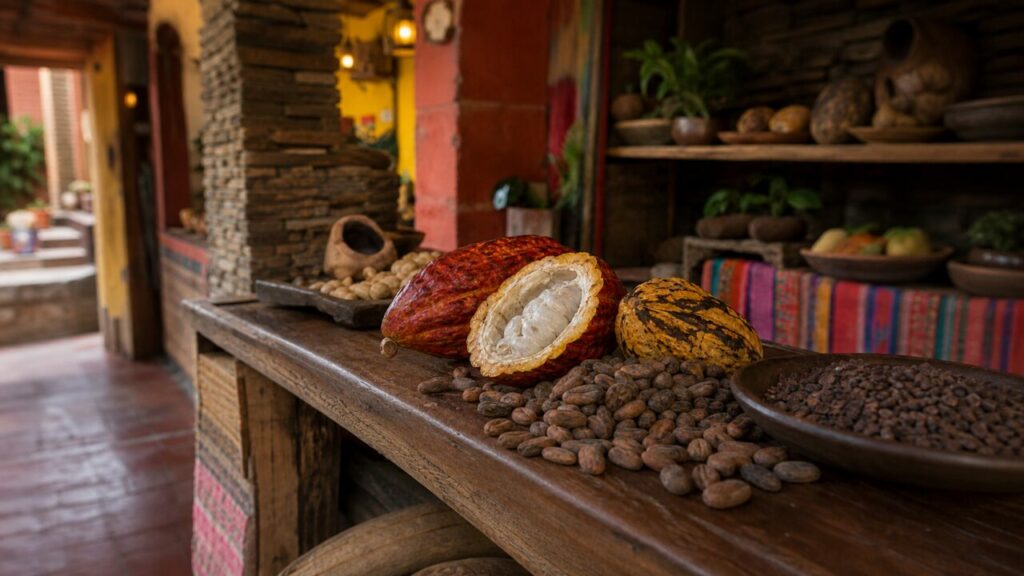 Cabosses et fèves de cacao dans un espace de dégustation