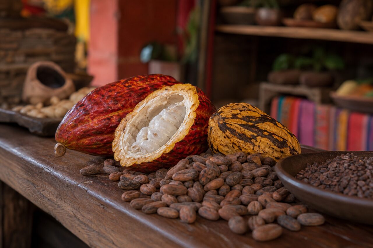 Cabosses ouvertes et fèves de cacao sur une table