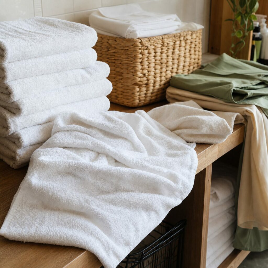 Cadrage carré sur serviettes, panier et étoffes