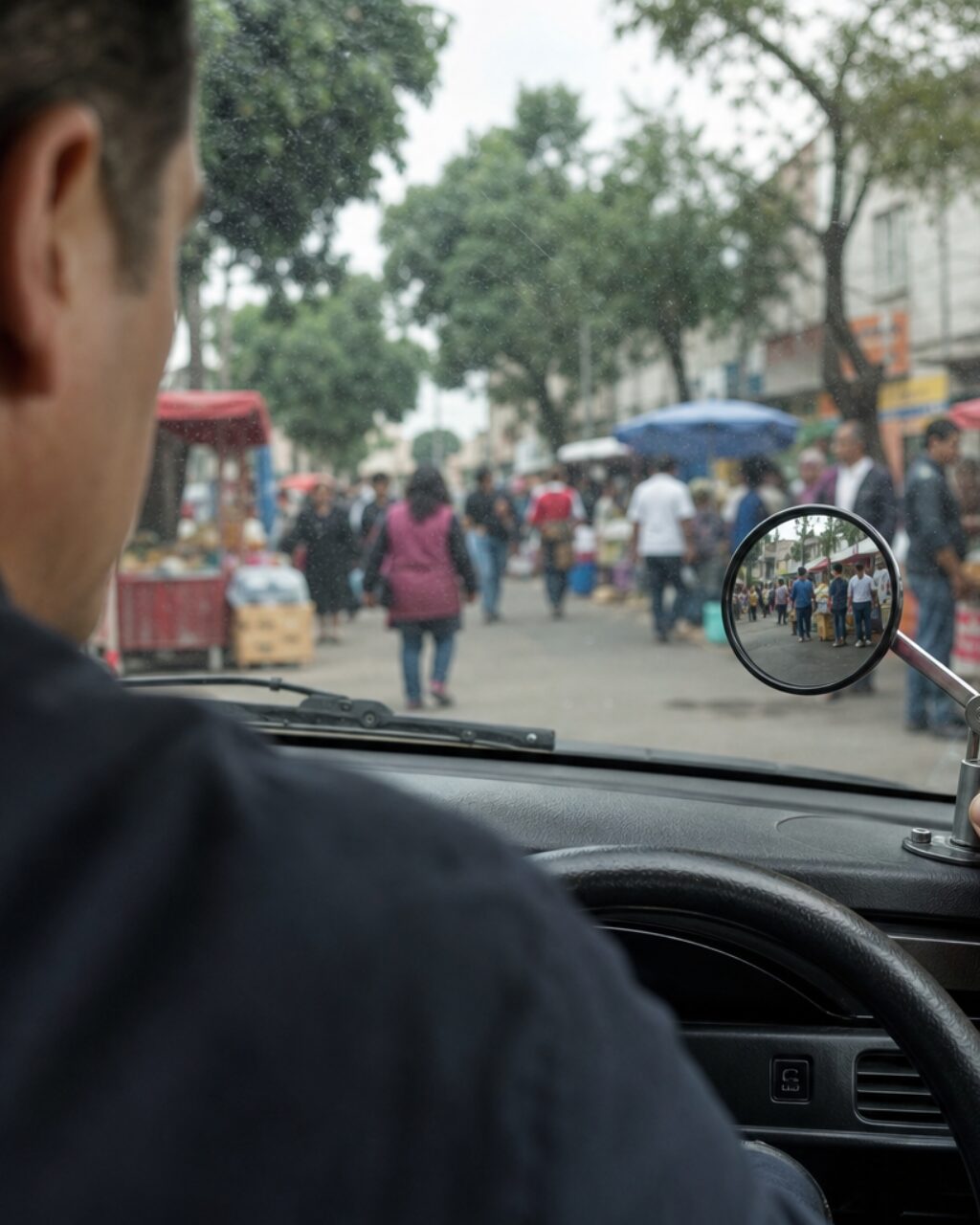 Verticale kadrering achter een persoon die naar de straat kijkt