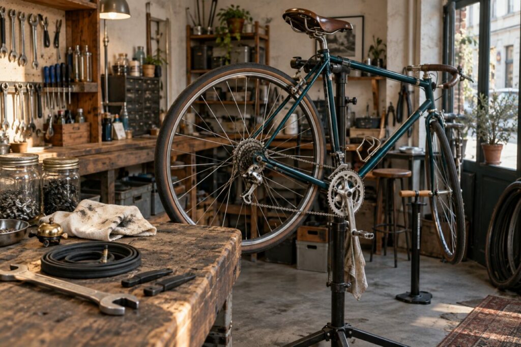 Cadre bleu pétrole et outils de mécanicien dans une petite boutique de vélos
