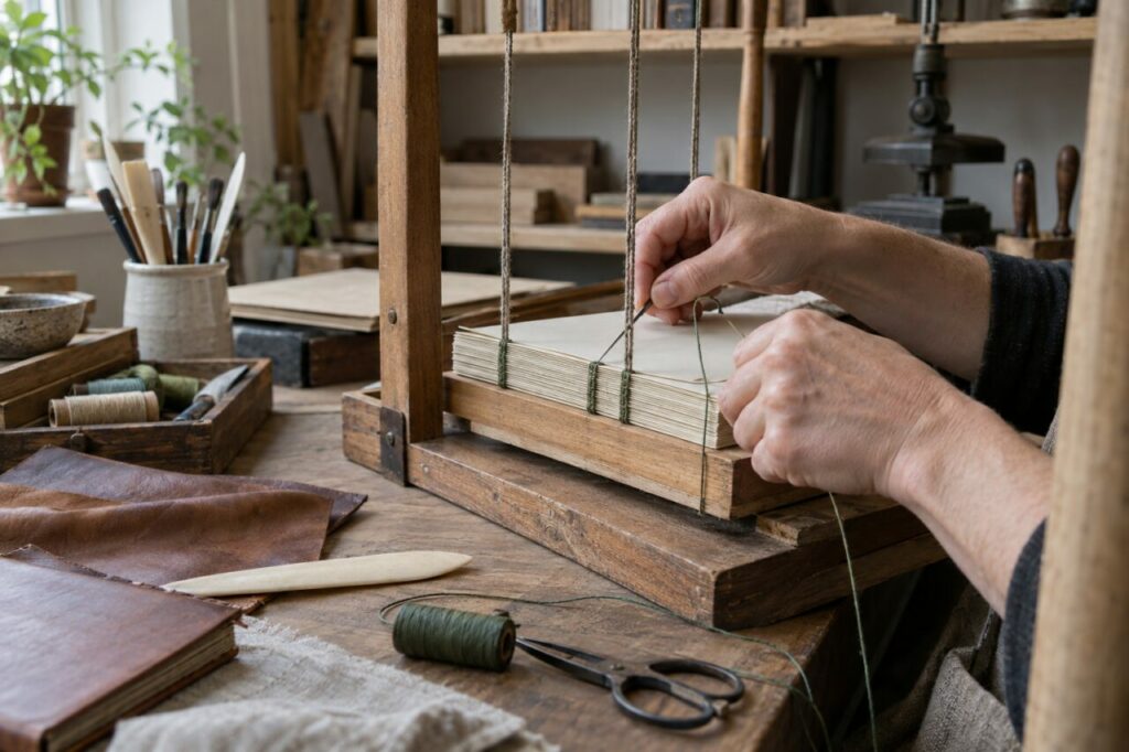 Cadre de couture de reliure avec sections de papier et fil vert