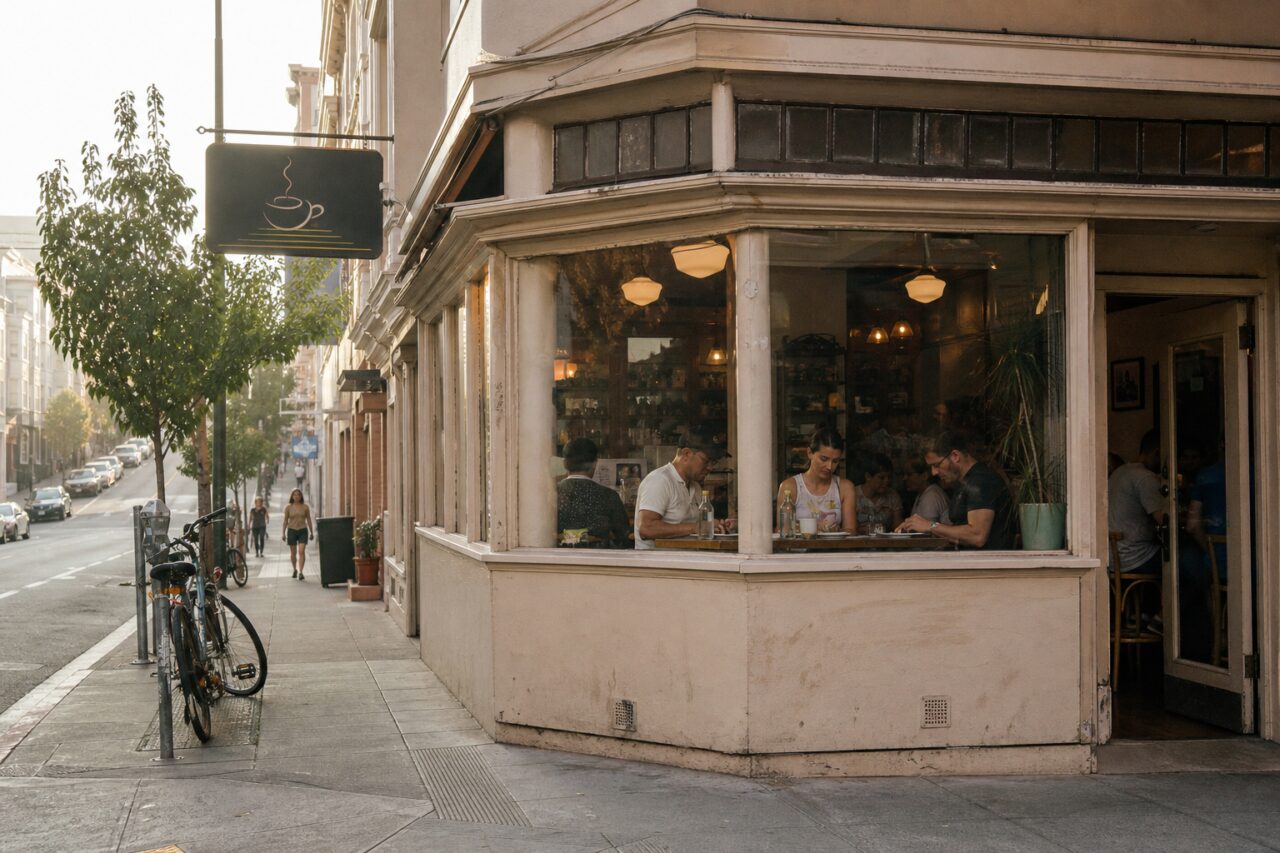 Café d’angle vitré avec enseigne à tasse