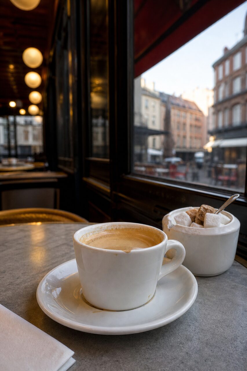 Café crème et sucrier blanc près d’une baie vitrée de brasserie