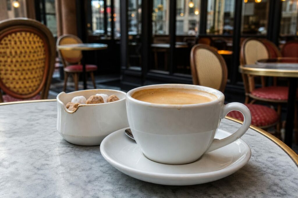 Koffie met melk in een witte kop met suikerpot op een brasserietafel