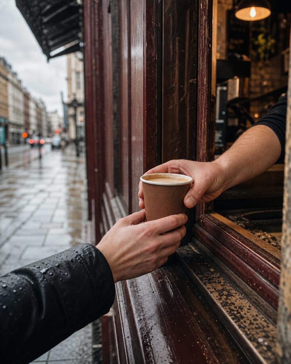 Café à emporter remis à la fenêtre sous la pluie