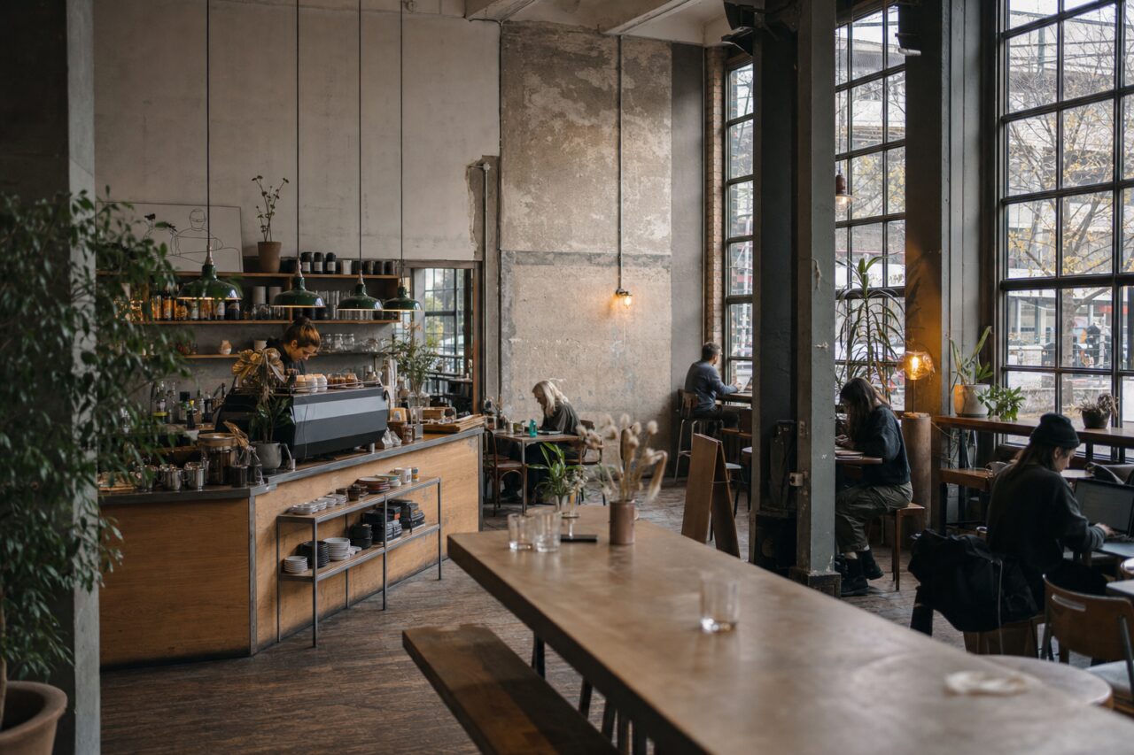 Café industrial luminoso em redor de um balcão de madeira