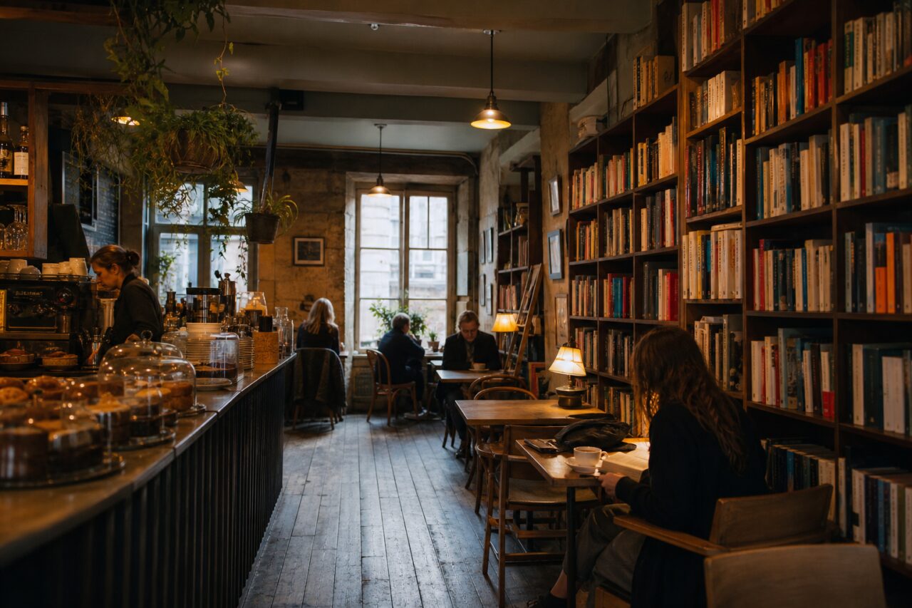 Buchcafé zwischen Kuchentheke und hohen Regalen