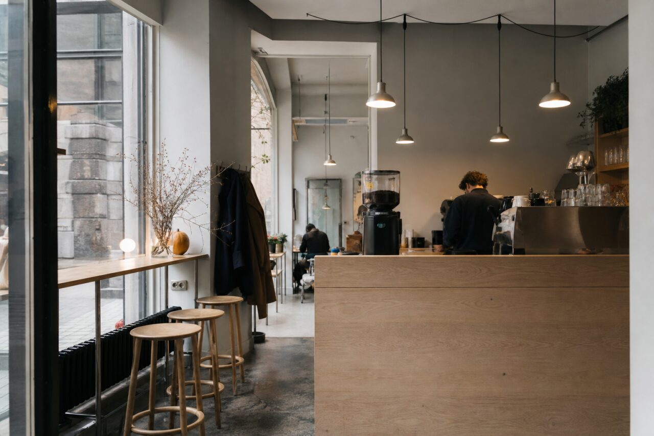 Minimal café with a pale wood counter and tall windows