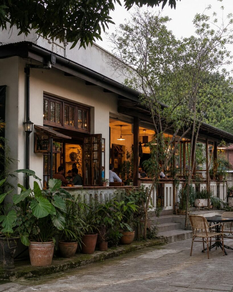 Café ouvert sur une terrasse entourée de plantes