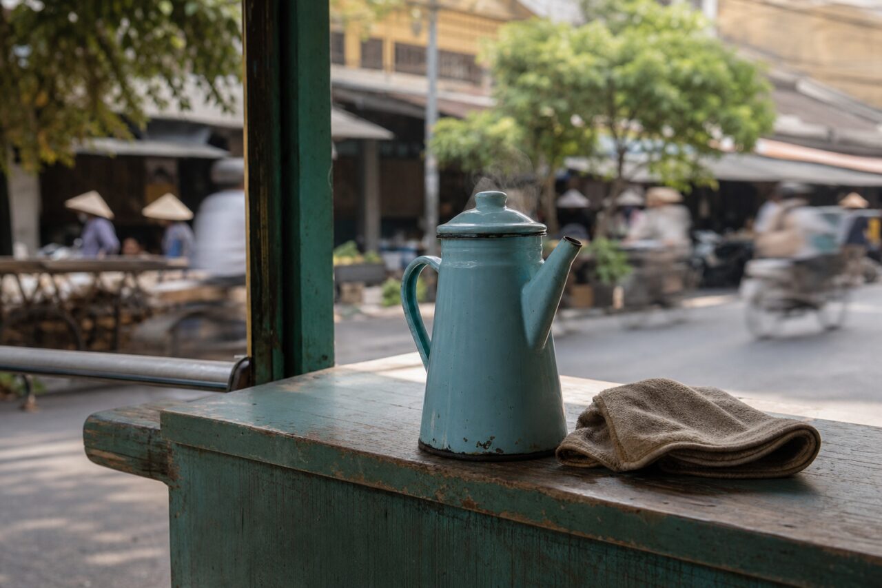 Cafeteira e pano num balcão aberto para a rua