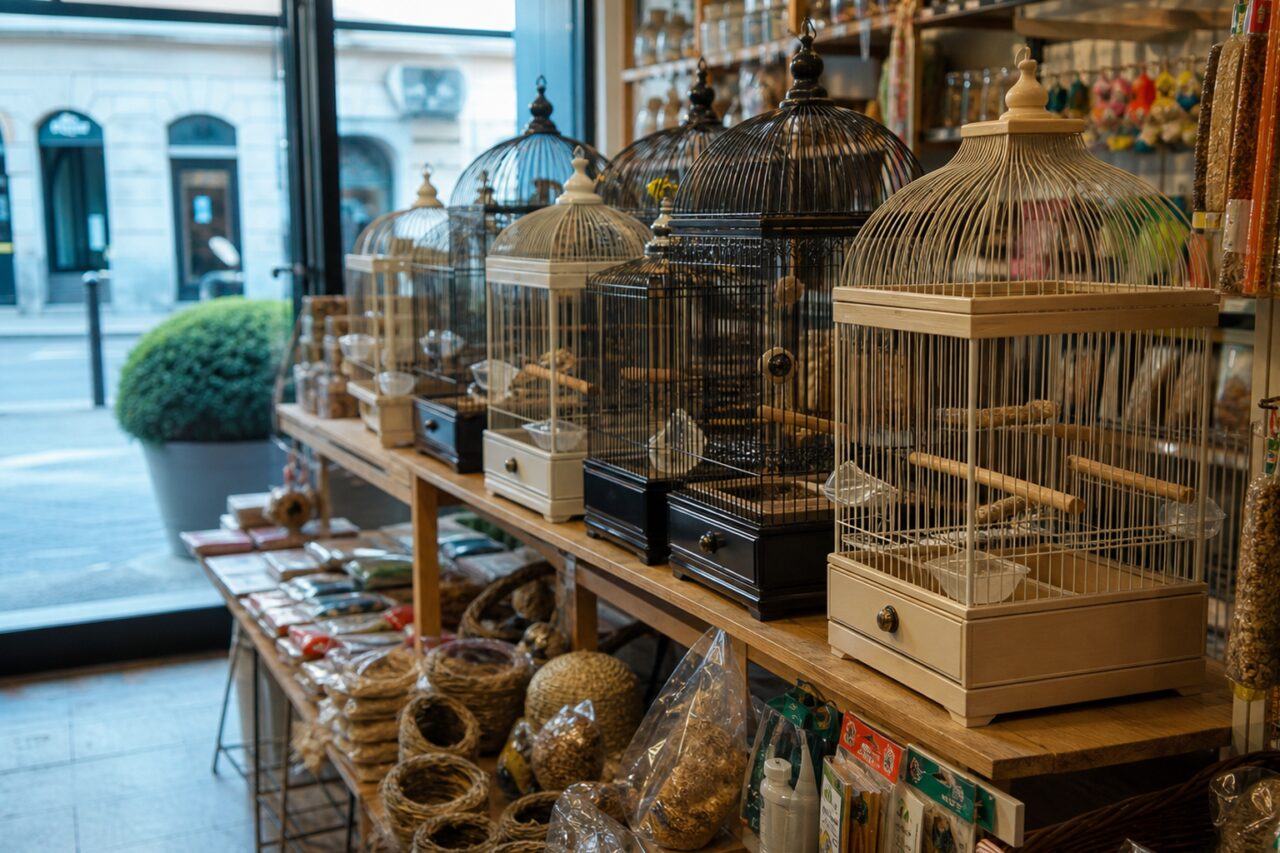 Cages à oiseaux alignées devant une vitrine avec accessoires de boutique animalière