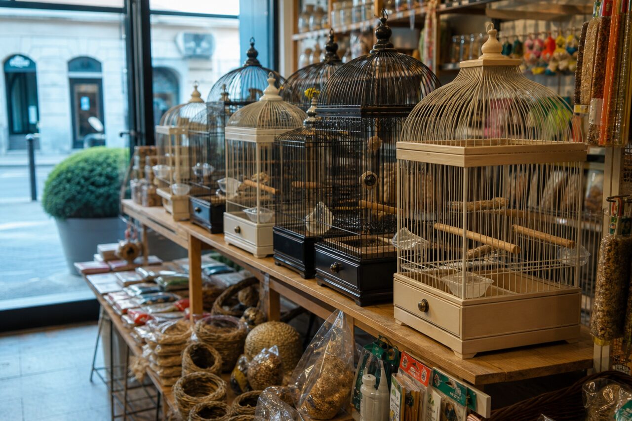 Cages à oiseaux anciennes et accessoires colorés dans la vitrine d’une animalerie