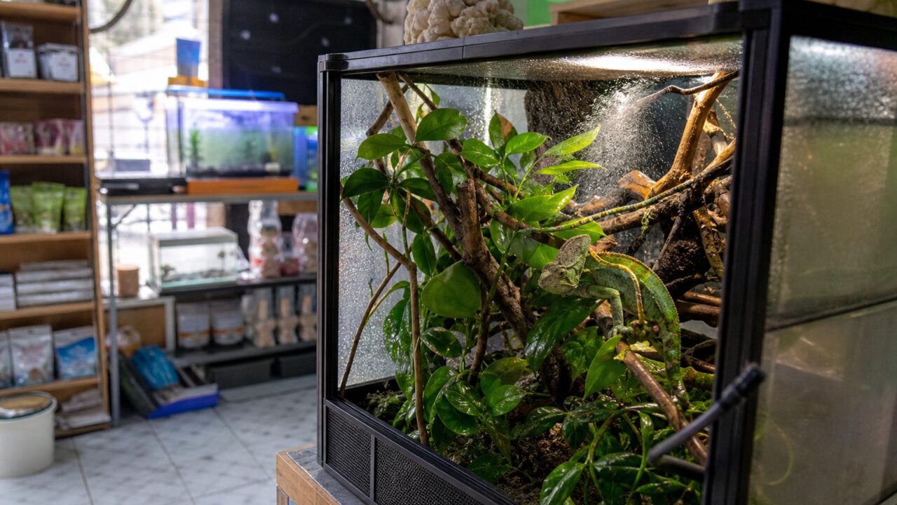 Caméléon vert derrière la vitre d’un terrarium