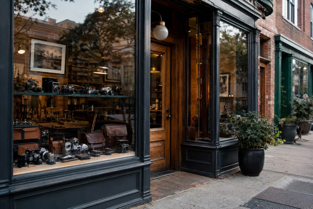 Alte Kameras und Ledertaschen im Schaufenster einer Fotowerkstatt an einer gepflasterten Straße