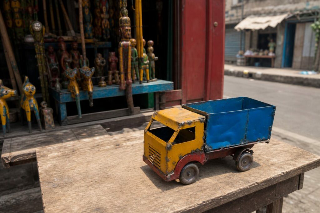 Miniaturlastwagen vor einem Figurenstand