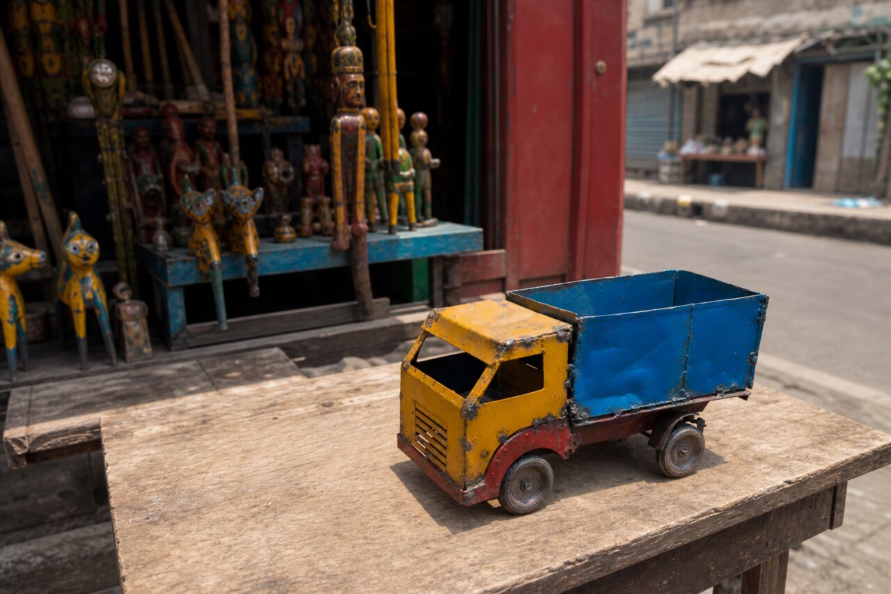 Camion miniature devant un étal de figurines