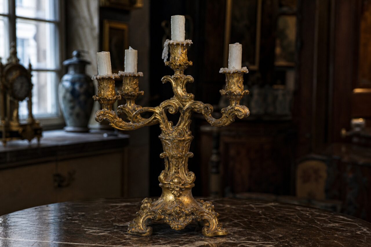 Candelabro dourado com quatro velas e braços em voluta