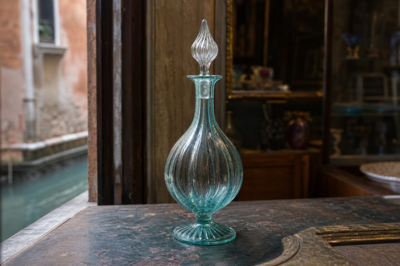 Ribbed blue-green glass decanter with twisted stopper