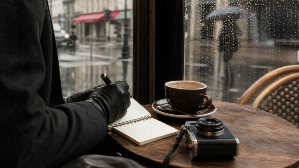 Caderno aberto e câmara junto a uma janela com chuva