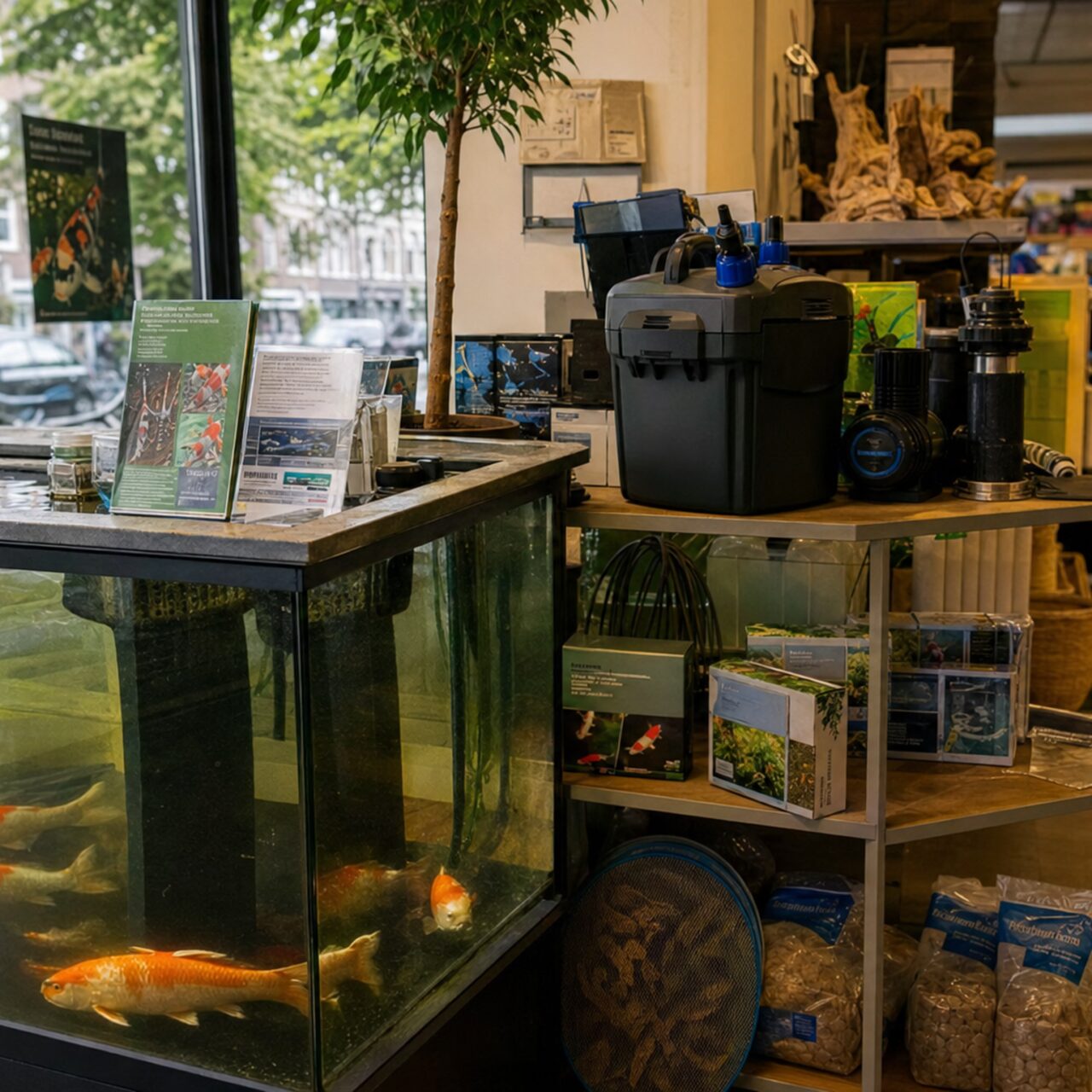Koi im Becken des Zoofachhandels neben Filtertechnik, Pflanzen und Aquaristikzubehör