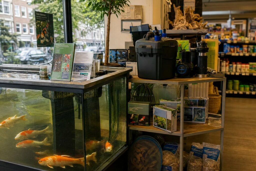 Koi im Vordergrund eines Zoofachhandelsbeckens mit Technik und Fachinformationen