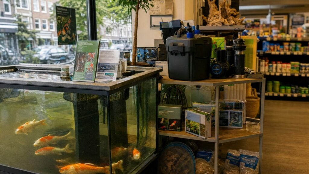 Orange-weiße Koi in einem Glasbecken mit Filterpumpe im Zoofachhandel