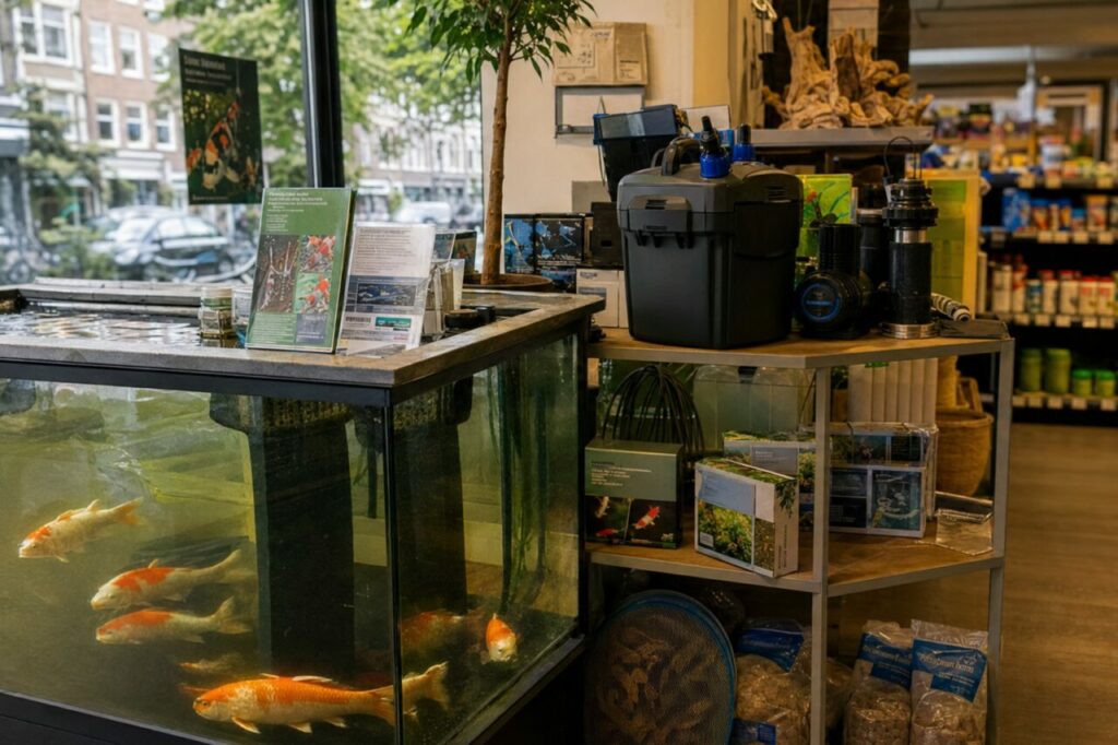 Koi im Glasbecken vor Regalen mit Wassertechnik im Zoofachhandel