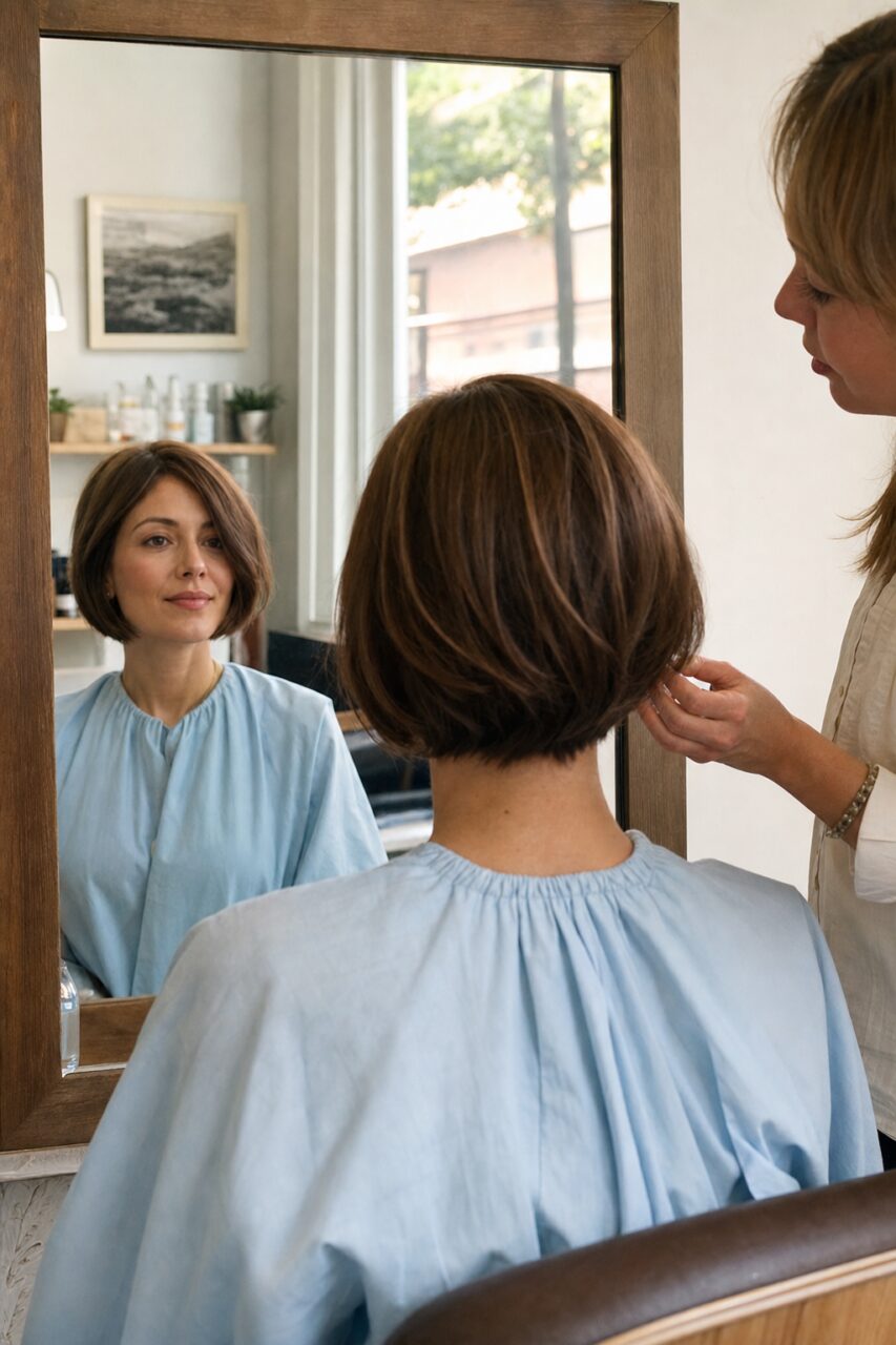 Carré brun dans un salon face au miroir en bois