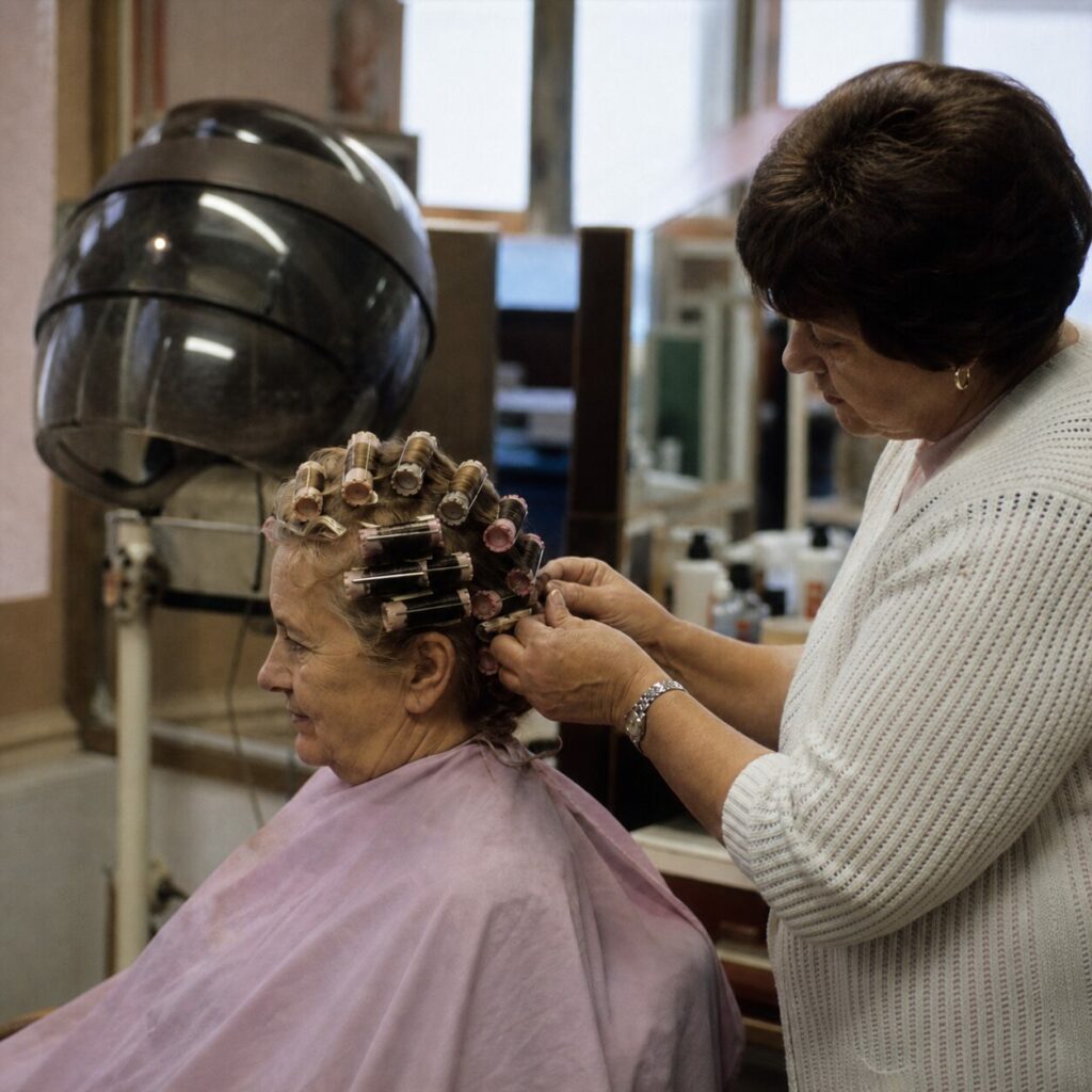 Rouleaux et casque de coiffure en composition carrée