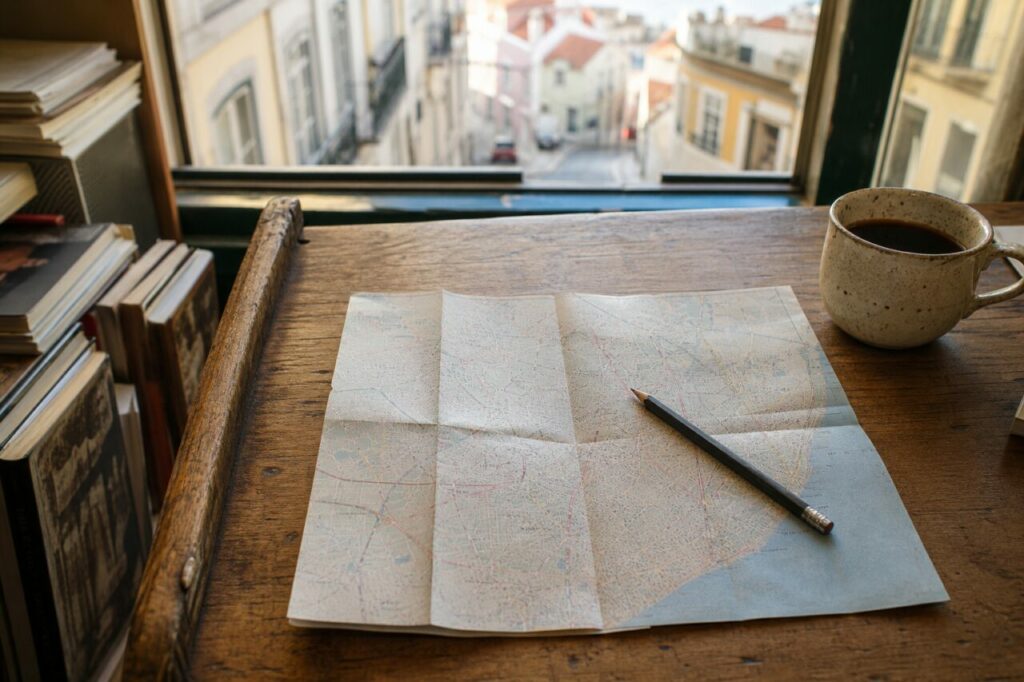 Mappa piegata e matita su un tavolo accanto alla finestra