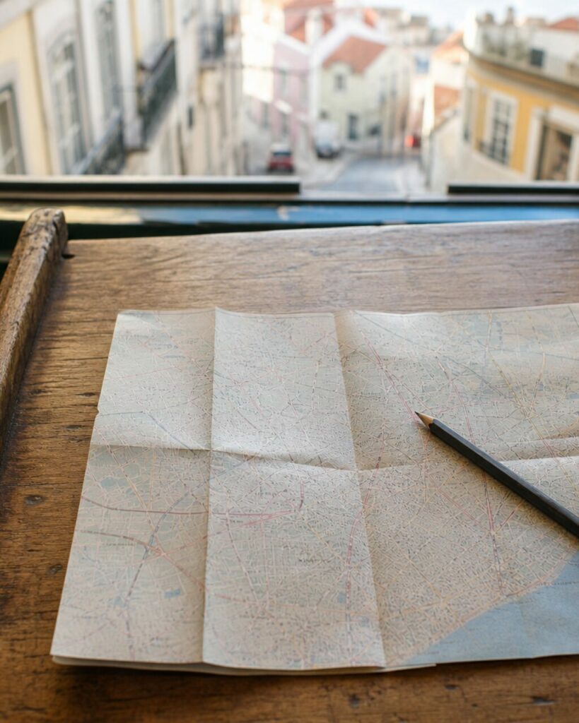 Mapa de ruas em retrato diante de uma rua desfocada