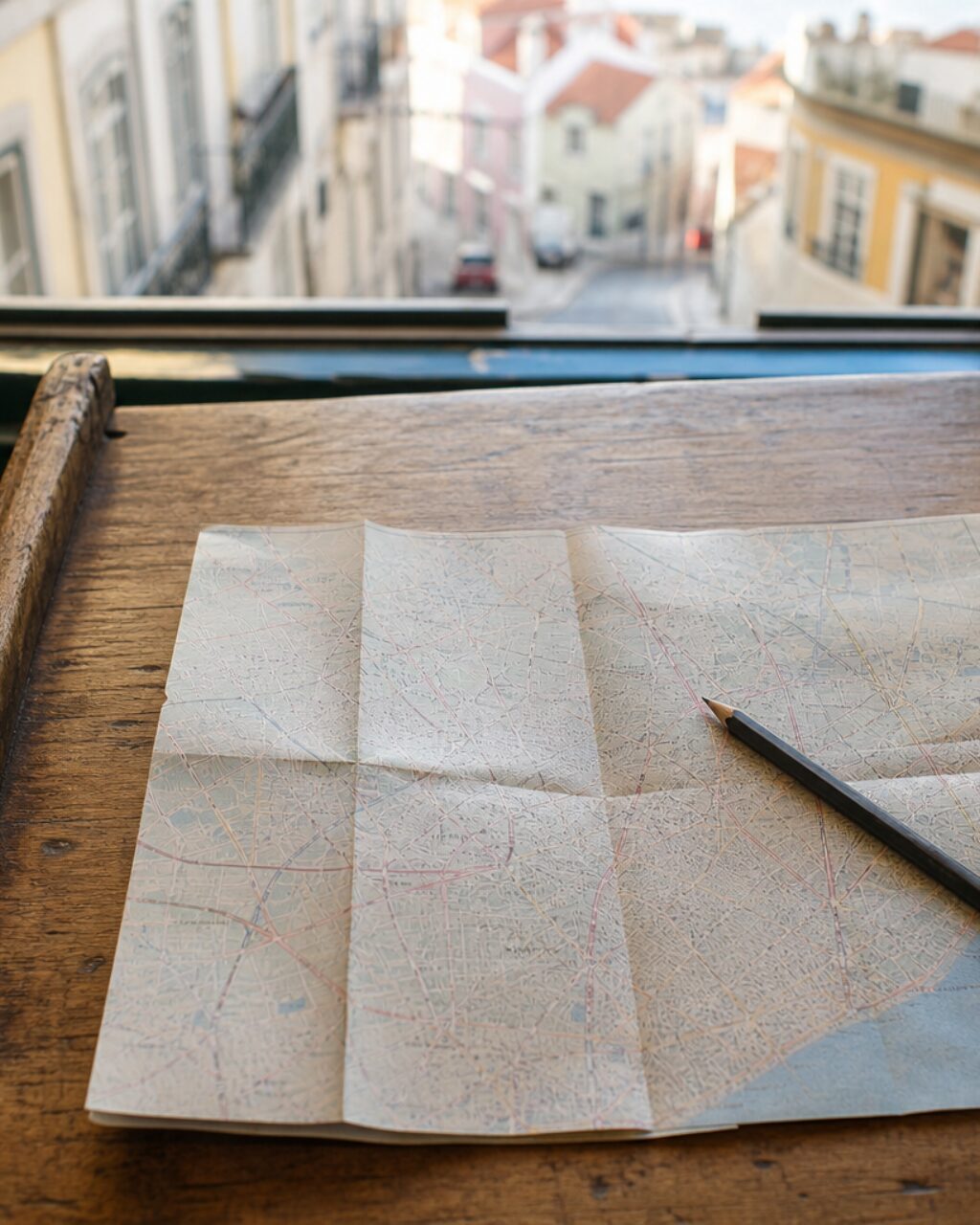 Mapa de ruas em retrato diante de uma rua desfocada