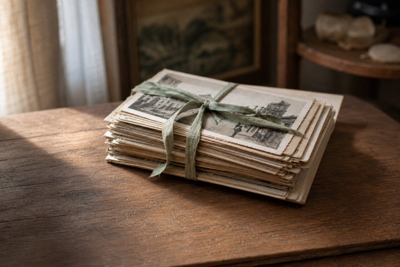 Side-lit old postcards on a second-hand shop table