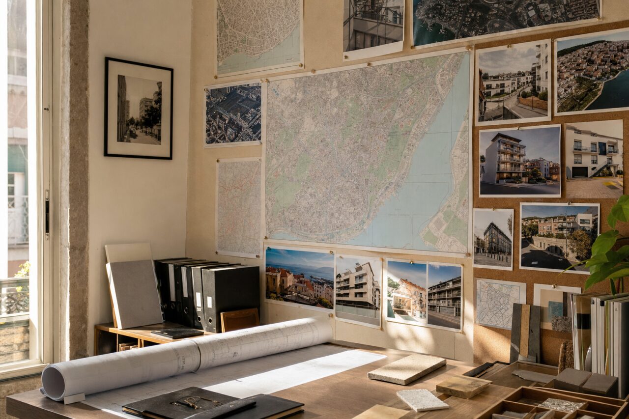 Mapas e projetos reunidos num escritório imobiliário
