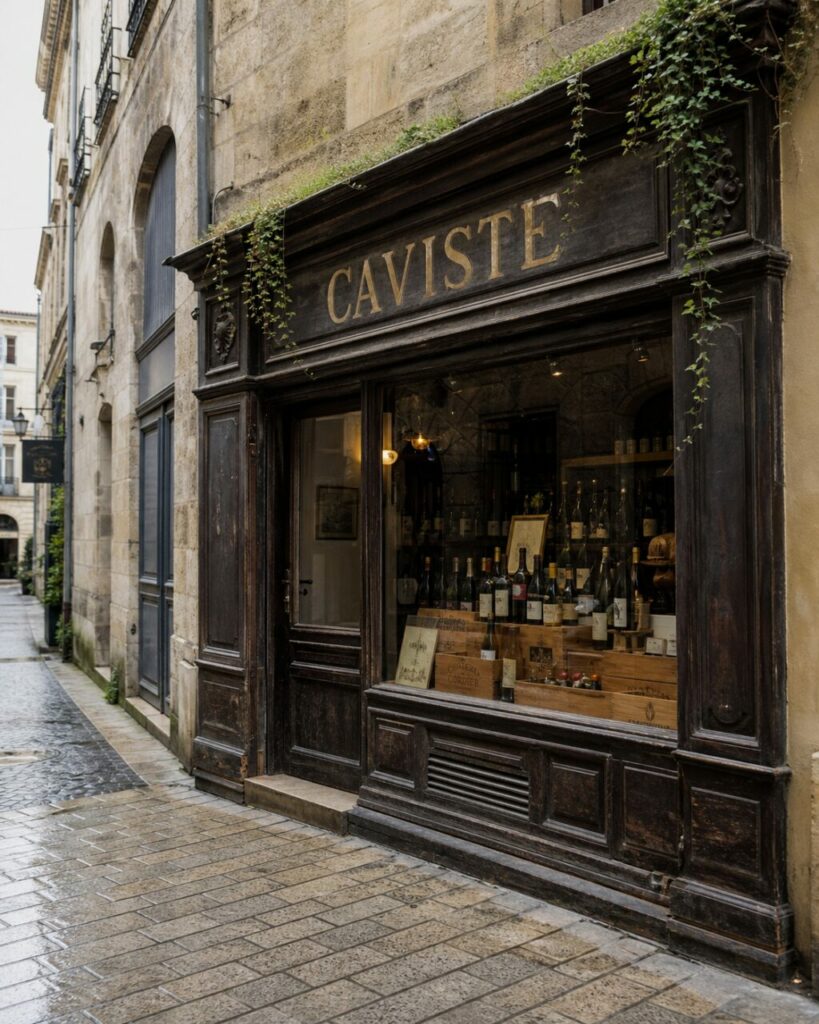 Caviste ancien à Bordeaux, devanture en bois noir et bouteilles de vin en vitrine