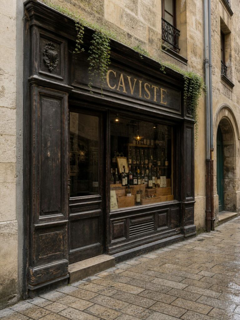 Caviste bordelais dans une façade en bois noir, bouteilles de vin et lianes en vitrine