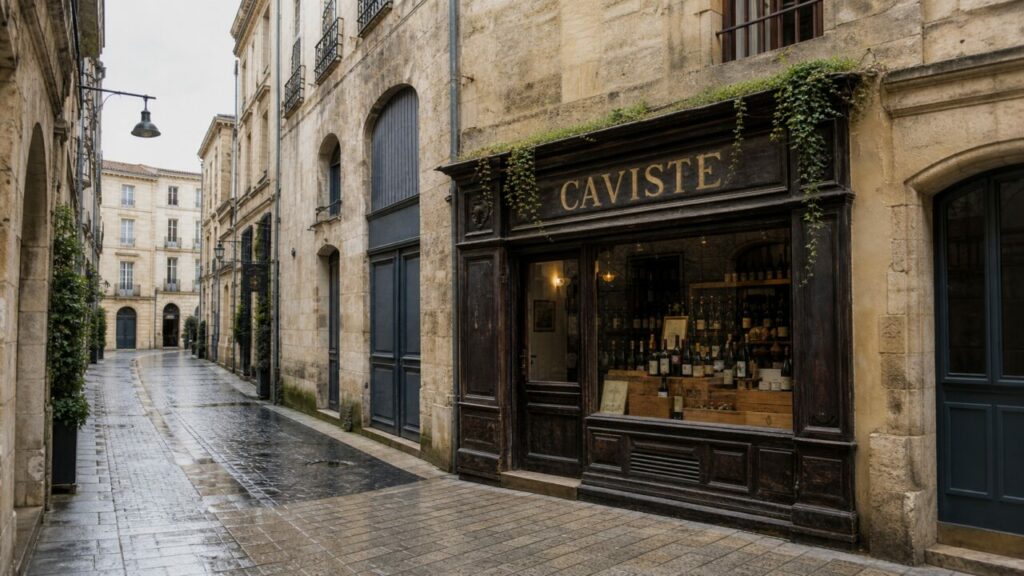 Caviste de Bordeaux dans une rue ancienne, vue large sur la façade et les bouteilles